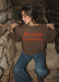 Handmade Howdy Cowboy jumper in brown bouclé wool and alpaca blend with bright orange knitted text