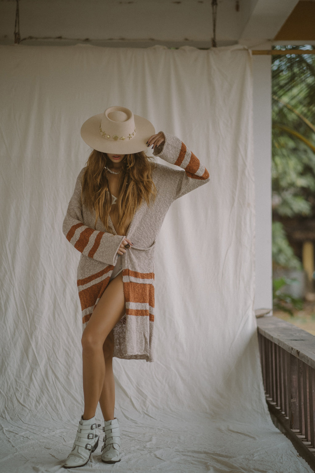 Savannah Cardigan organic cotton linen blend mid length striped knit cardigan front view