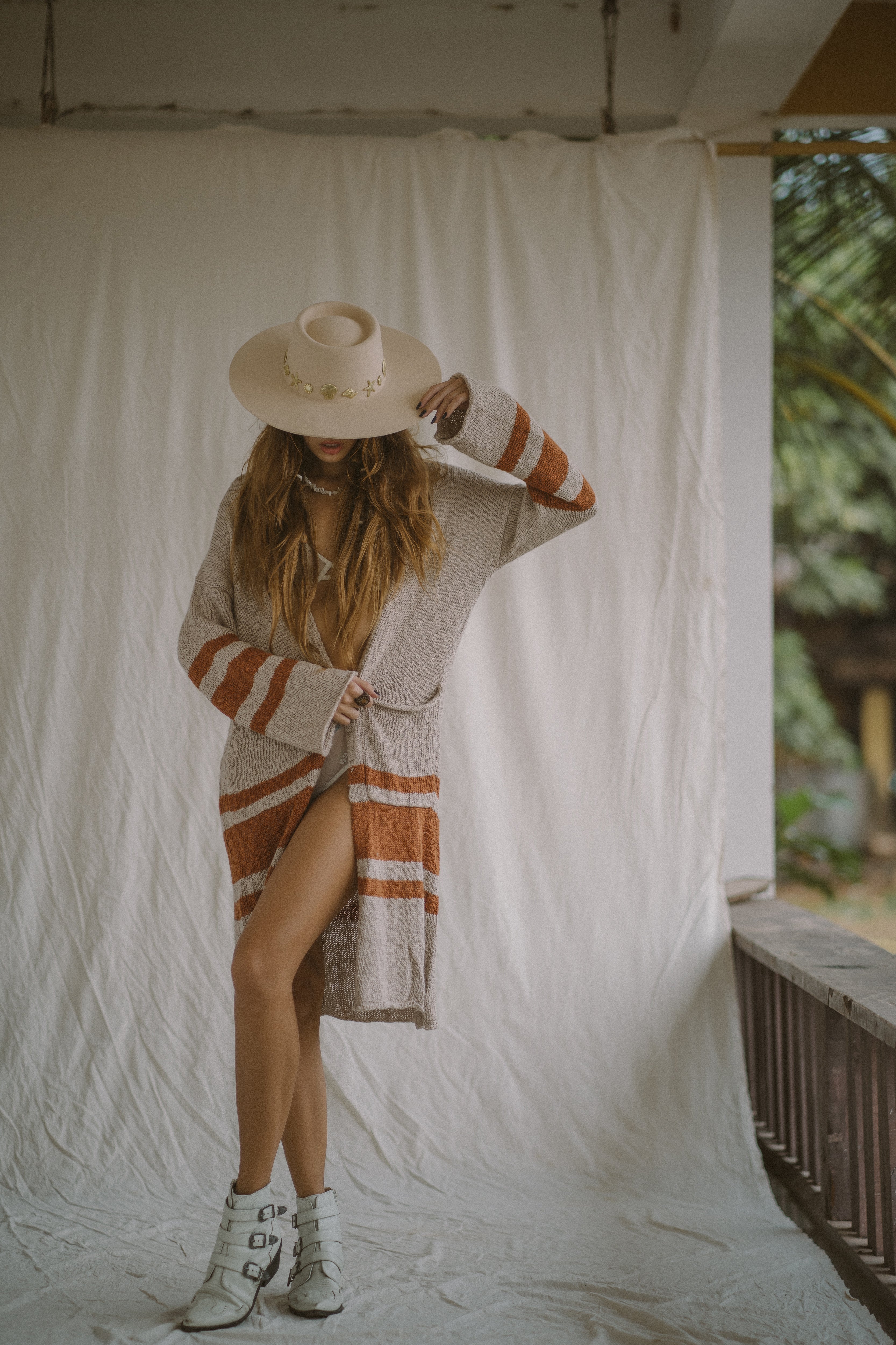 Savannah Cardigan organic cotton linen blend mid length striped knit cardigan front view