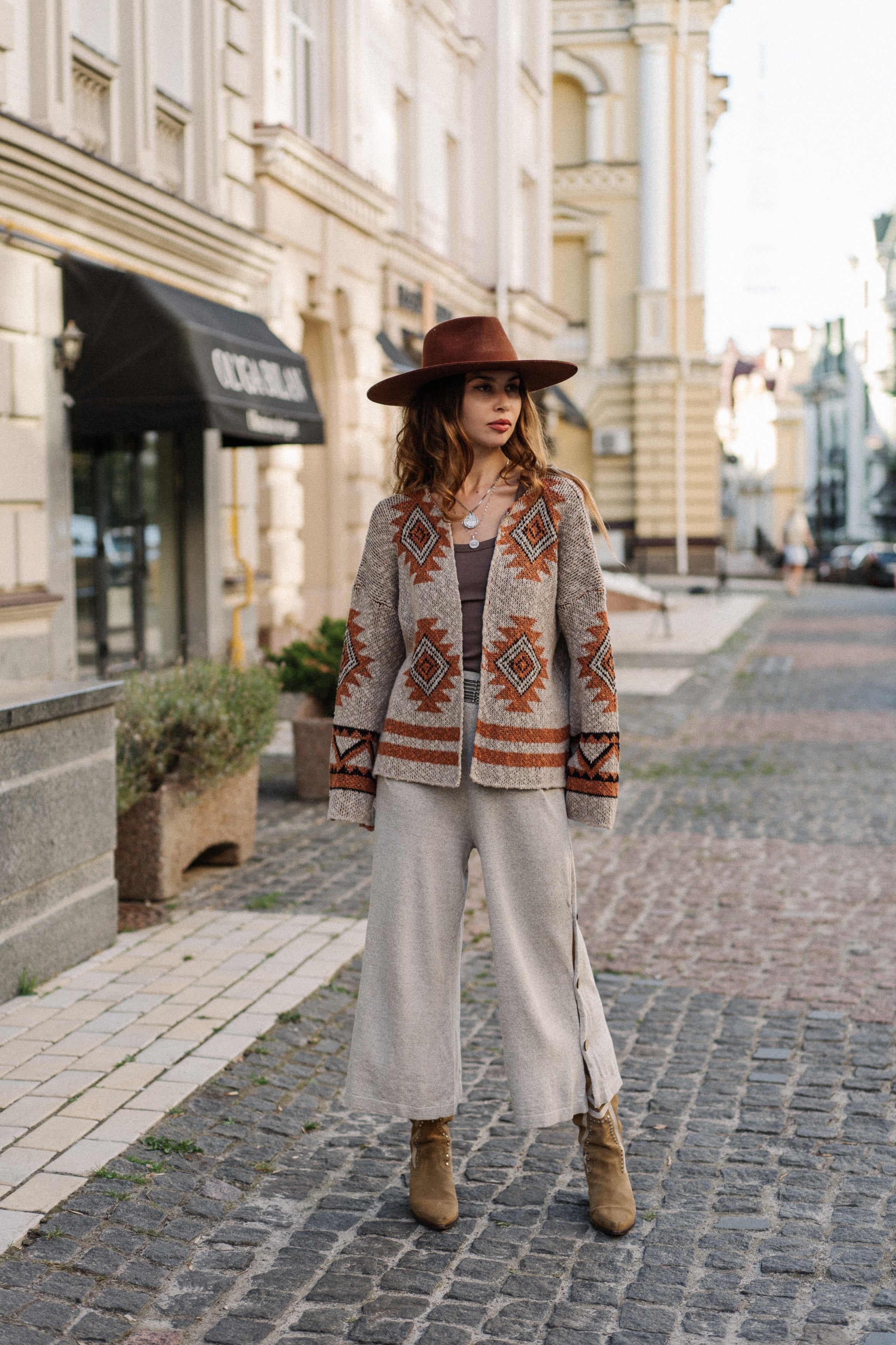 Organic linen cardigan in desert sand with Navajo motifs – handmade Safiya Cardigan with rustic Western style