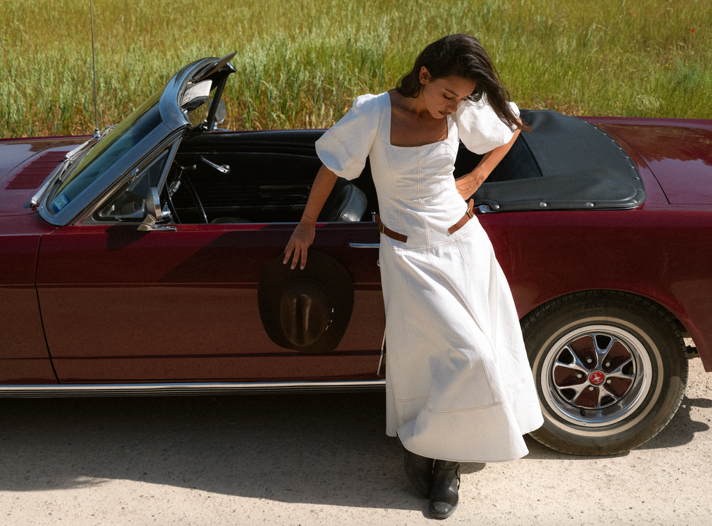 Dakota Dress white denim maxi dress with puff sleeves front view