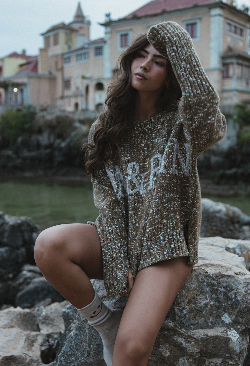 Willow Jumper in warm brown with cream accents, handmade super-chunky wool and organic cotton, oversized fit with thumb holes